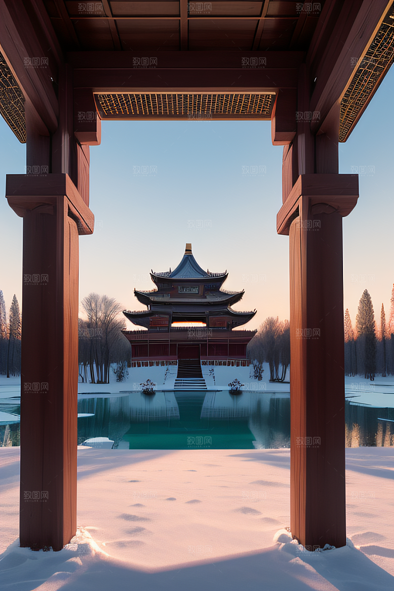 美丽日出古亭庄严