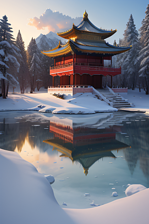 冰湖金光雪白如练