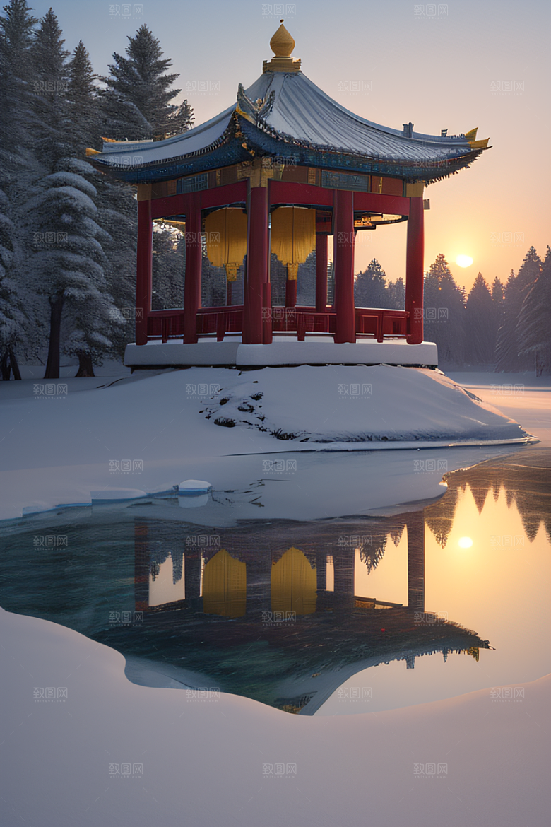 冰湖金光雪白如练