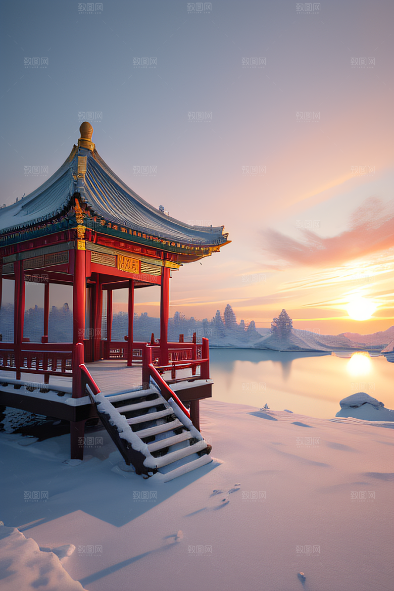 冰湖金光雪白如练