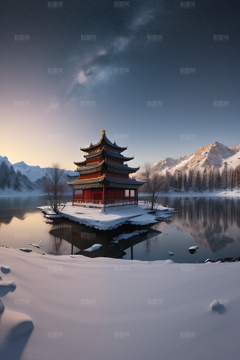 冰湖金光雪白如练