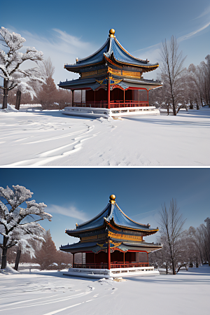 冰湖金光雪白如练