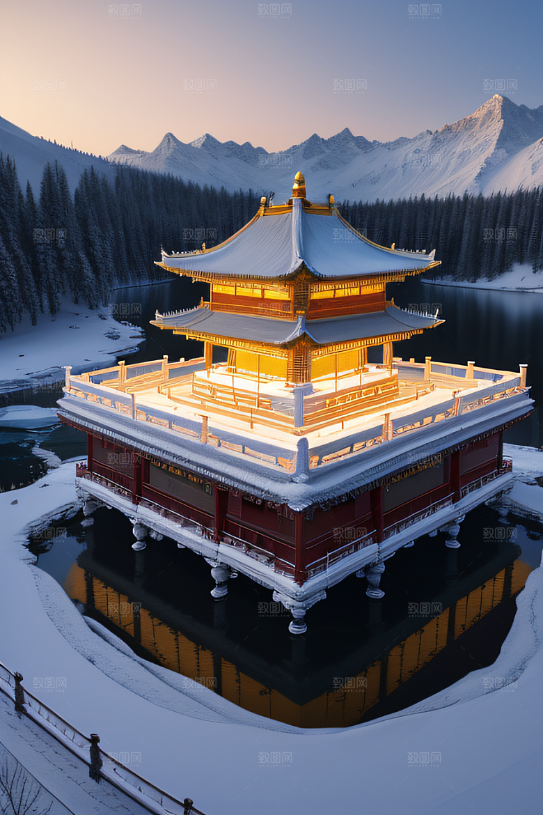 冰湖金光雪白如练