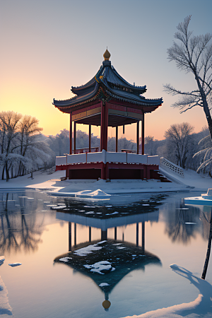 冰湖金光雪白如练