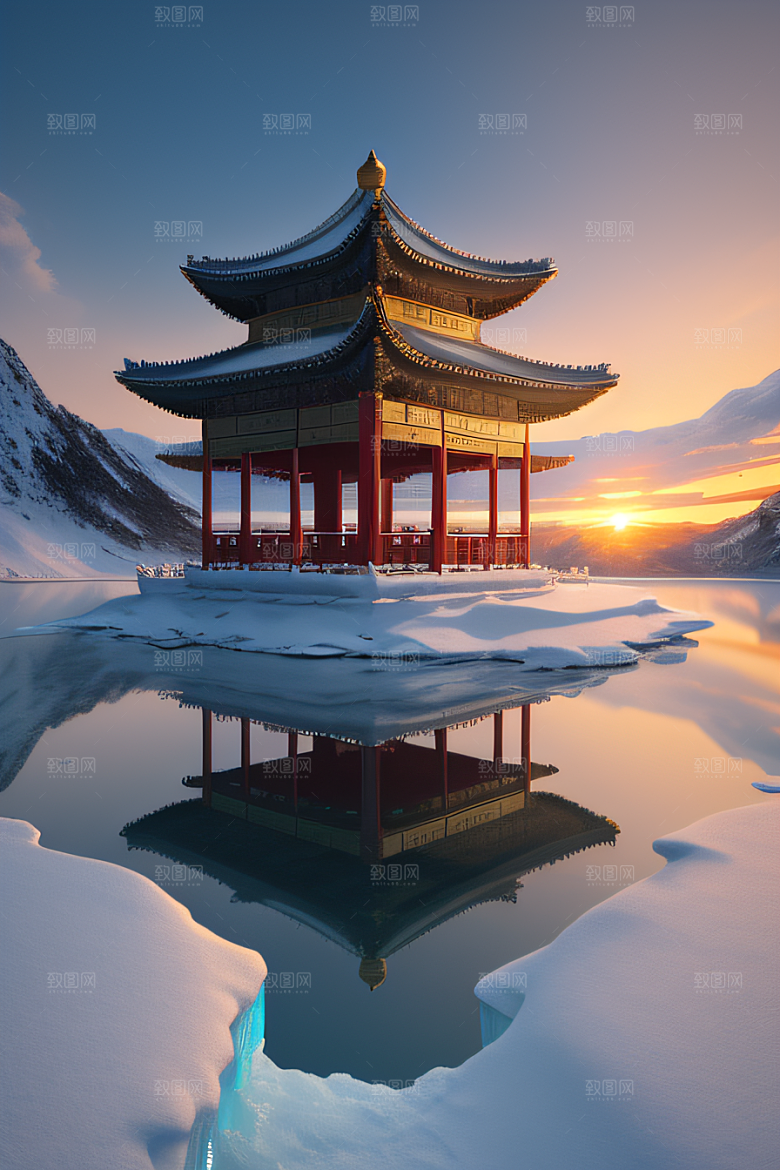 冰湖金光雪白如练