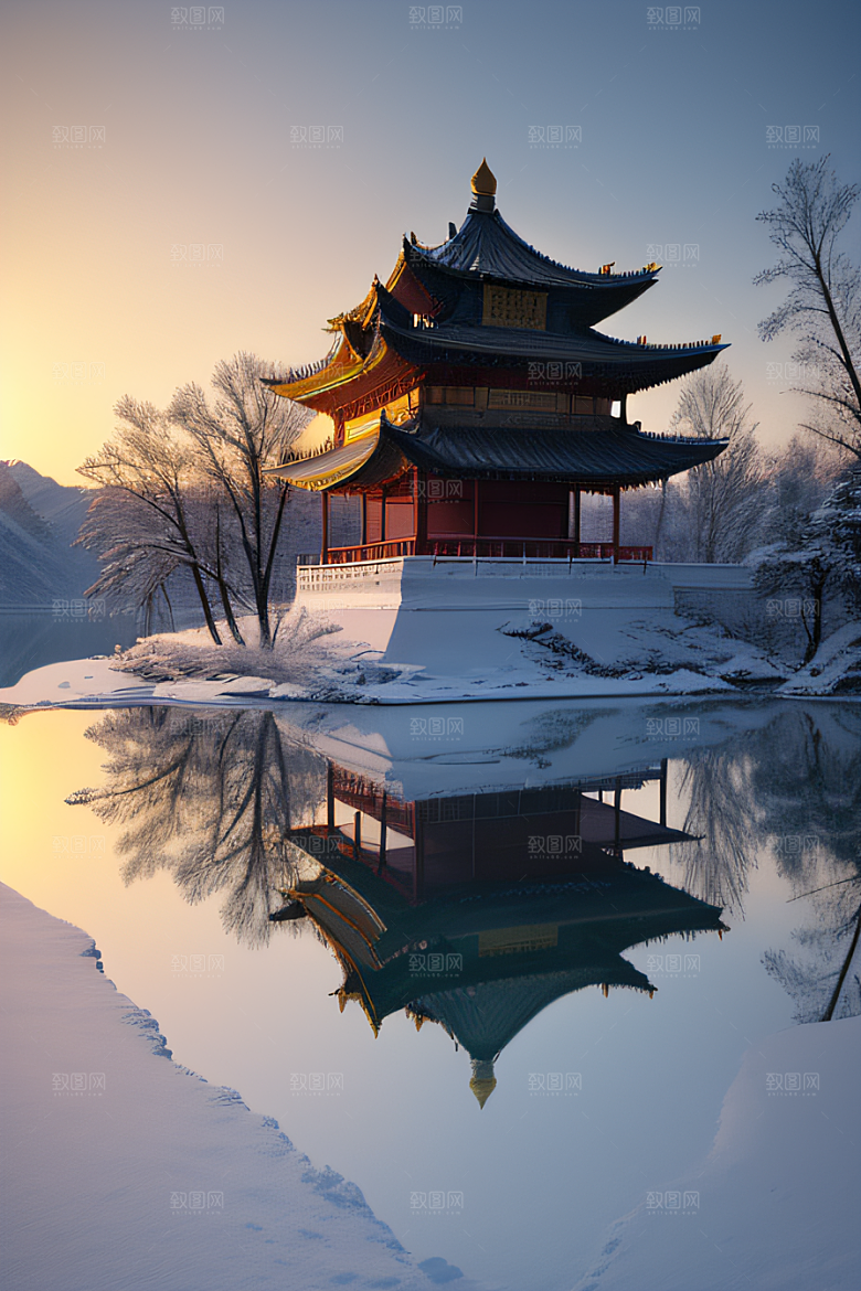 冰湖金光雪白如练