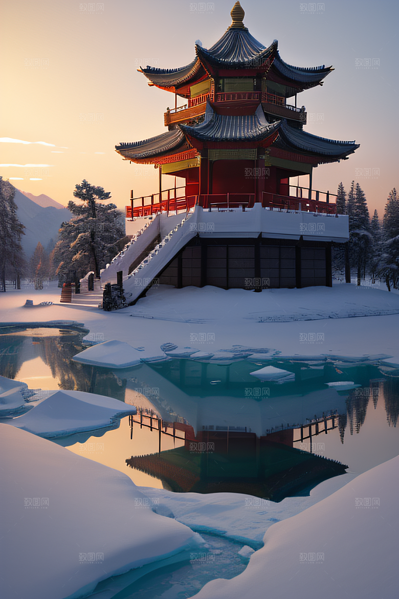 冰湖金光雪白如练