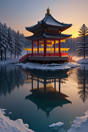 冰湖金光雪白如练