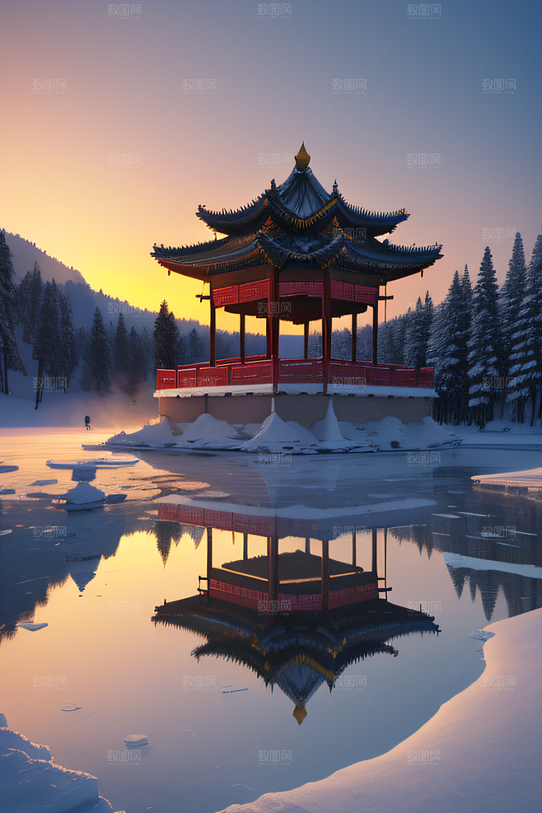 冰湖金光雪白如练