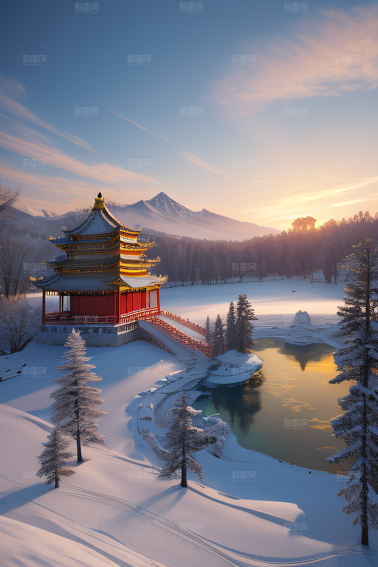 冰湖金光雪白如练