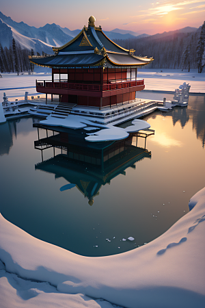冰湖金光雪白如练