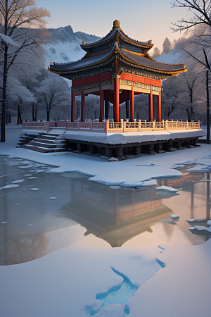 冰湖金光雪白如练