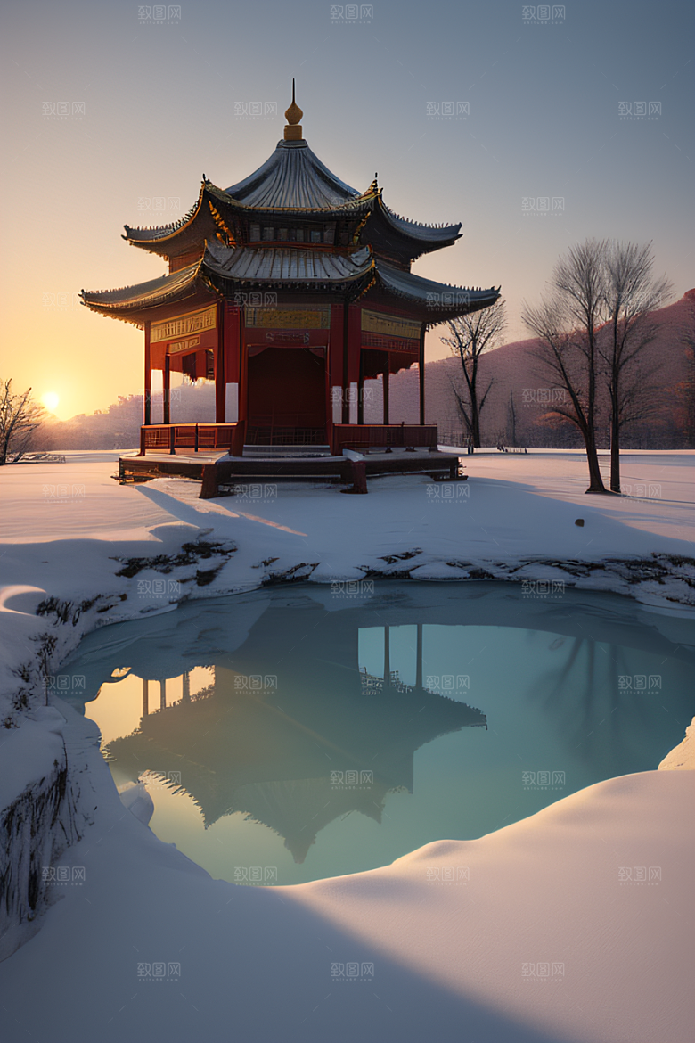 冰湖金光雪白如练