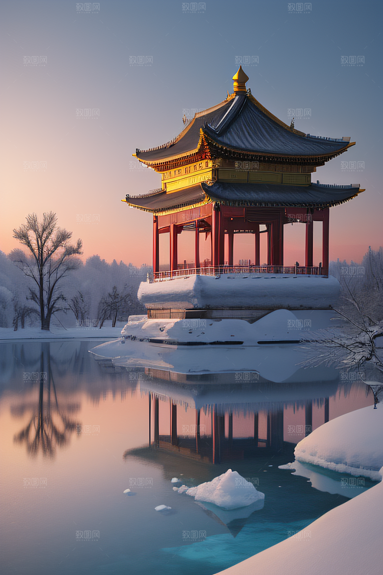 绚丽日出古亭庄严