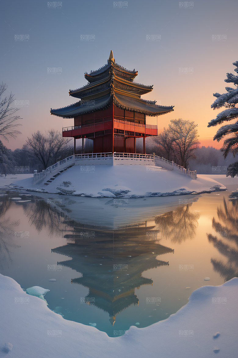 绚丽日出古亭庄严