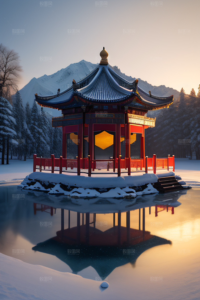 绚丽日出古亭庄严