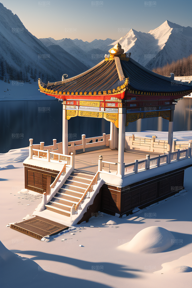 绚丽日出古亭庄严