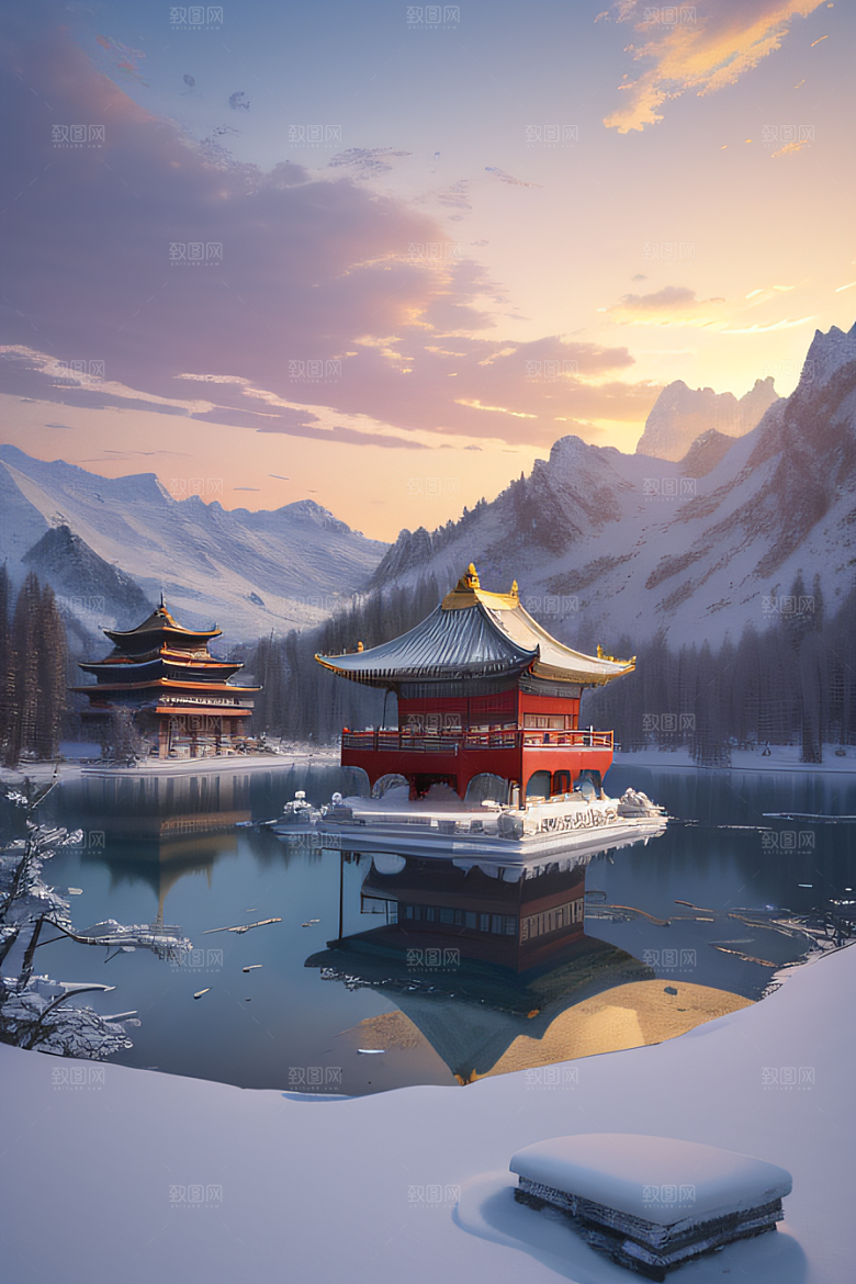 绚丽日出古亭庄严