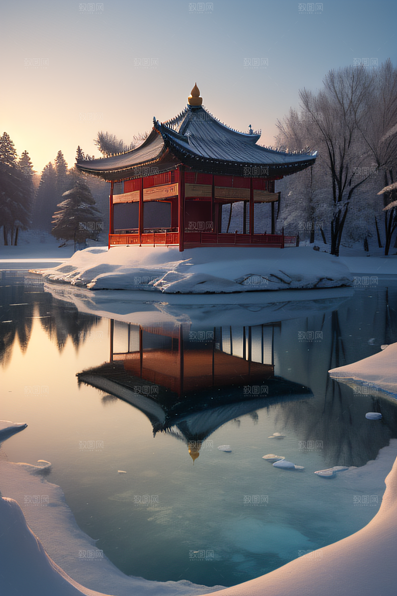 绚丽日出古亭庄严