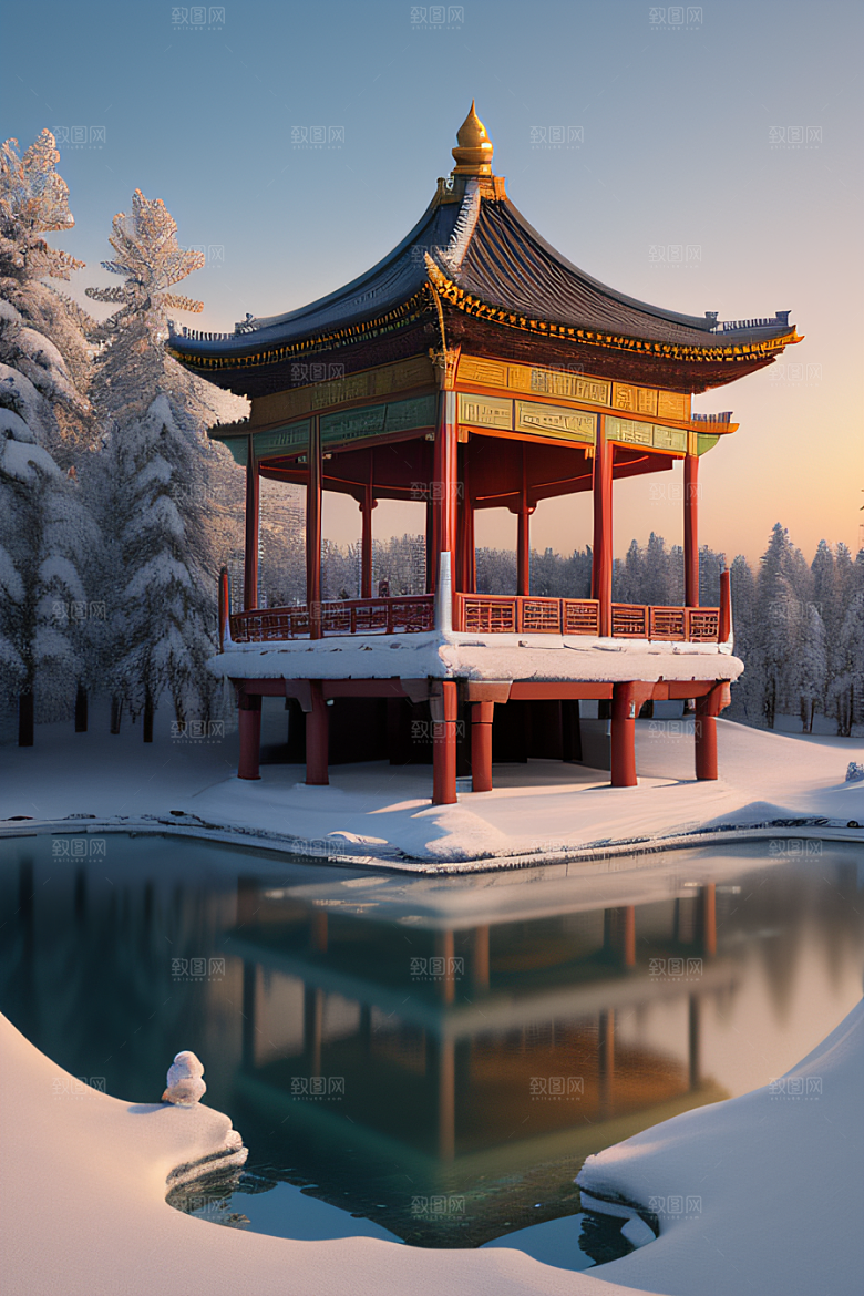 绚丽日出古亭庄严
