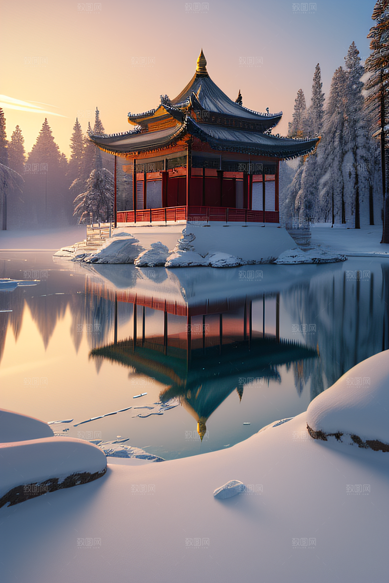 绚丽日出古亭庄严