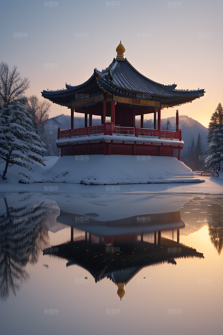 绚丽日出古亭庄严