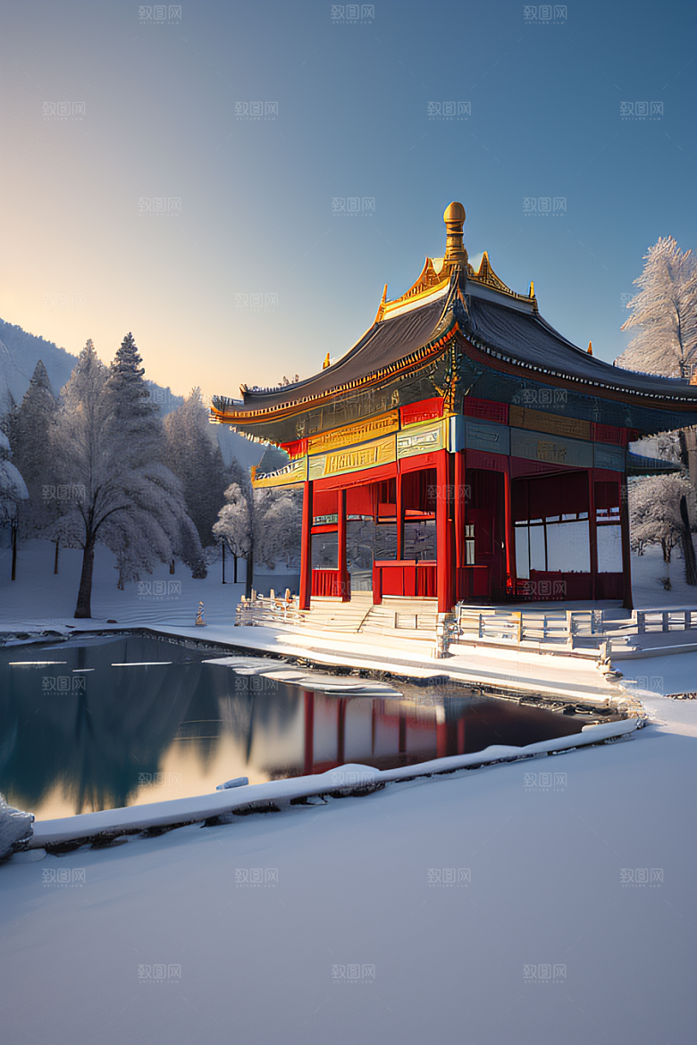 绚丽日出古亭庄严