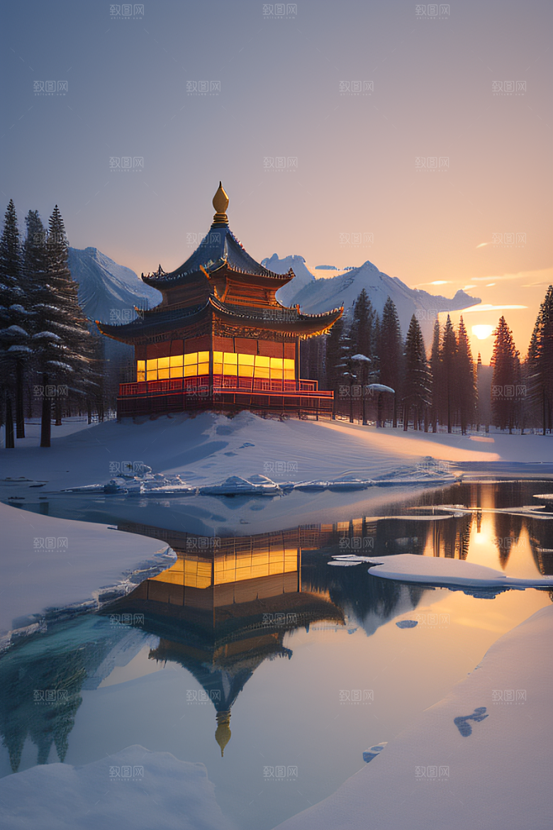冰雪金光闪耀的壮丽景致