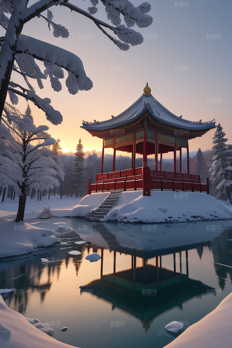 冰雪金光闪耀的壮丽景致