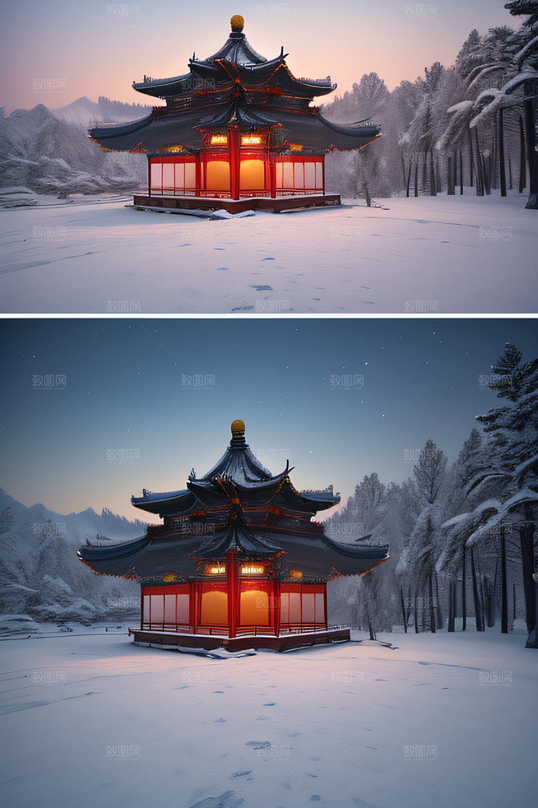 冰雪金光闪耀的壮丽景致