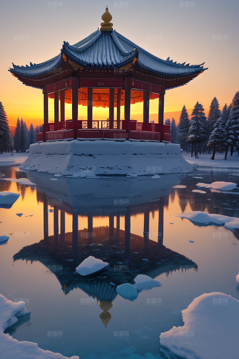 冰雪金光闪耀的壮丽景致