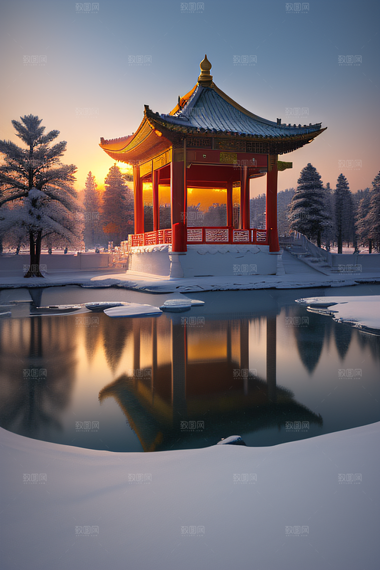 冰雪金光闪耀的壮丽景致