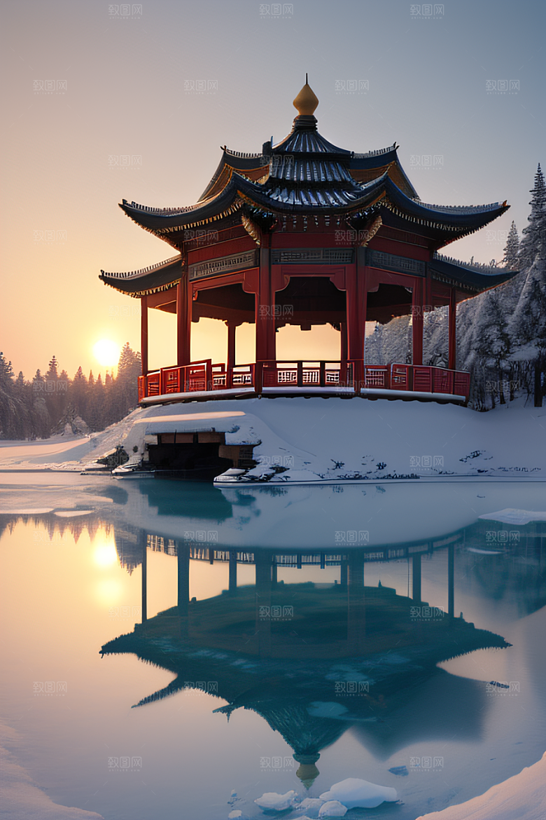 冰雪金光闪耀的壮丽景致