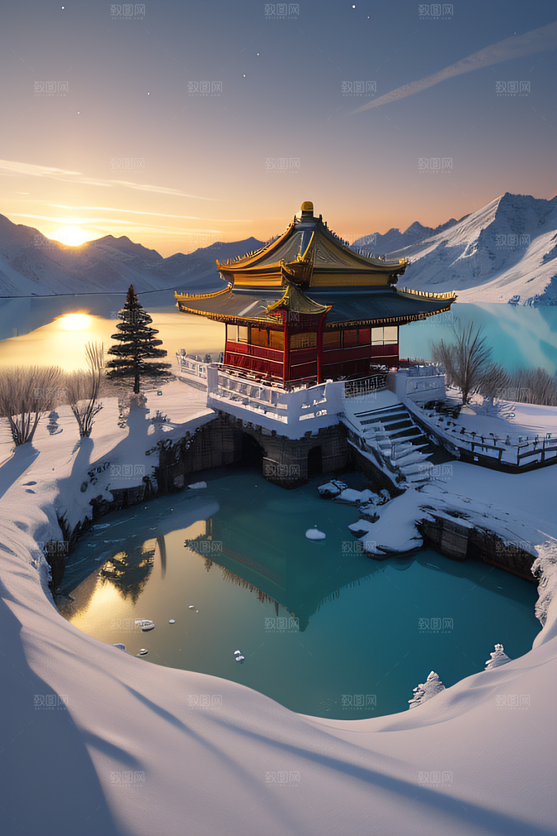 冰雪金光闪耀的壮丽景致