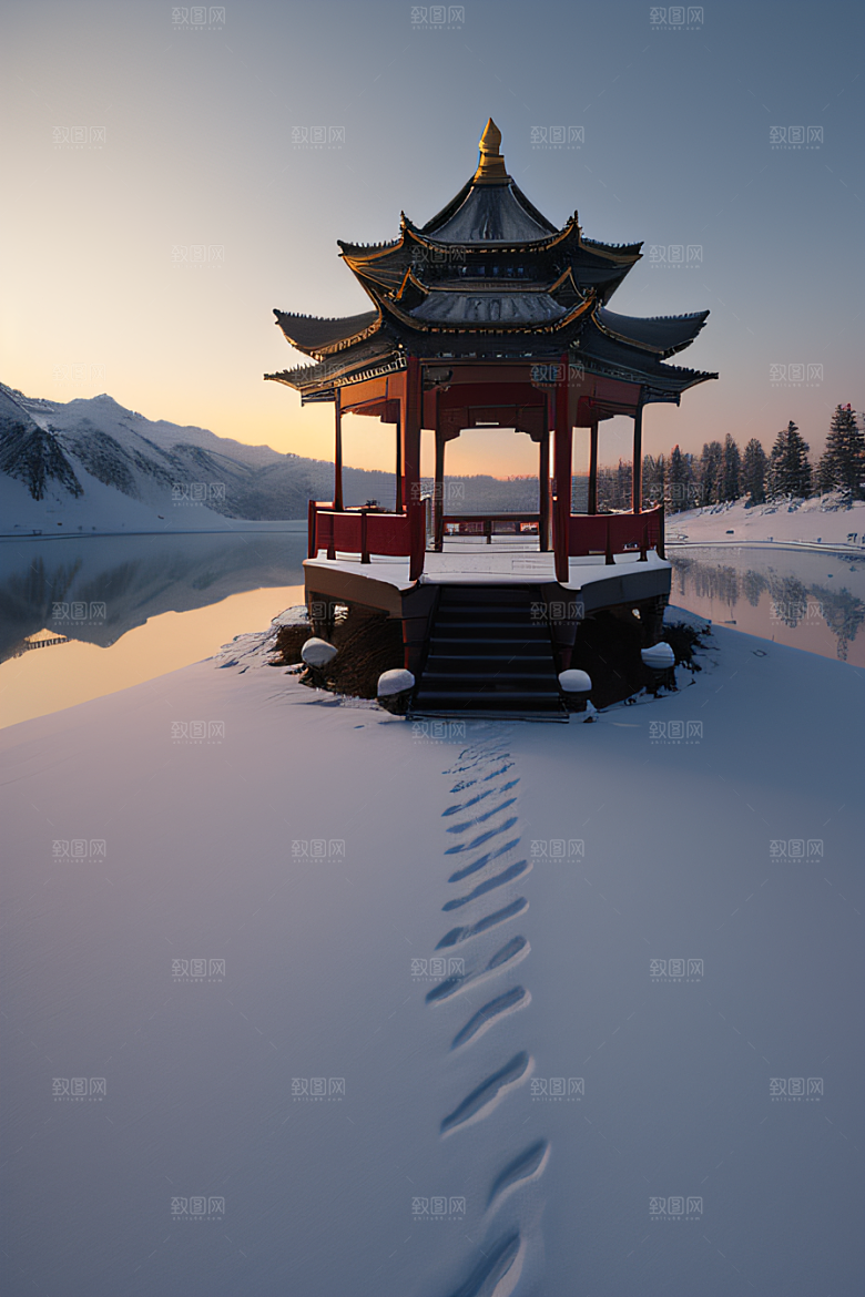 冰雪金光闪耀的壮丽景致
