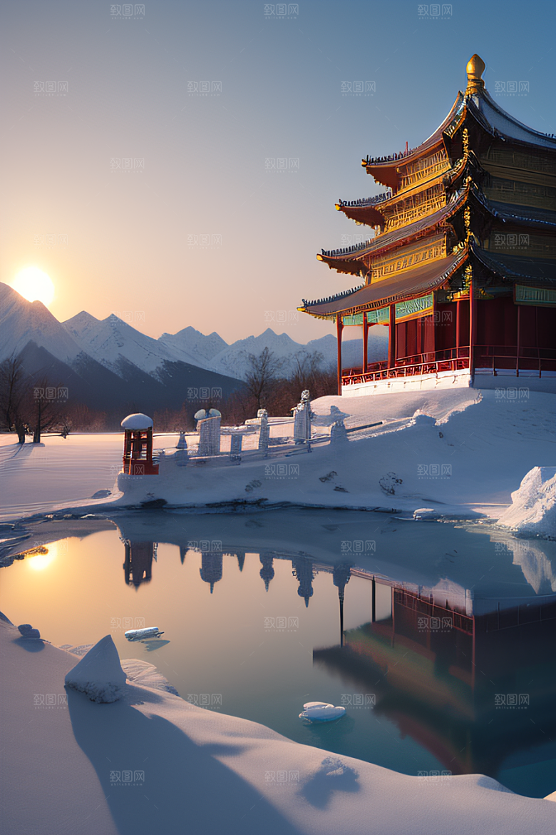 冰雪金光闪耀的壮丽景致
