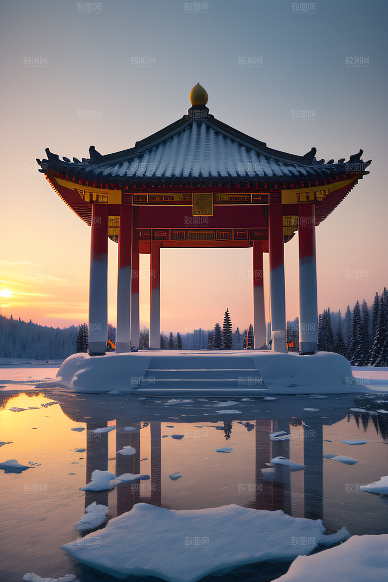 冰雪金光闪耀的壮丽景致
