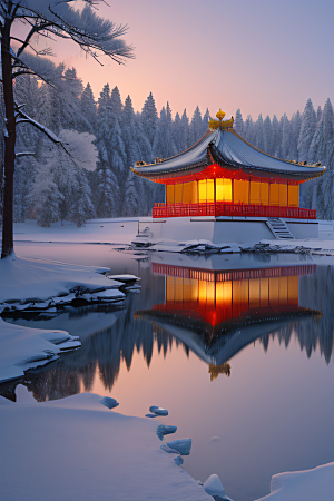 冰湖金光雪白如练
