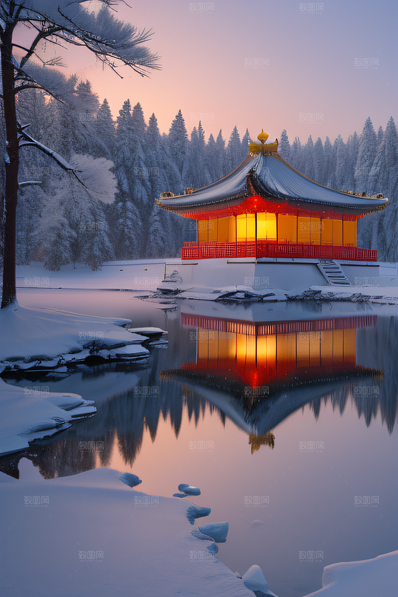 冰湖金光雪白如练