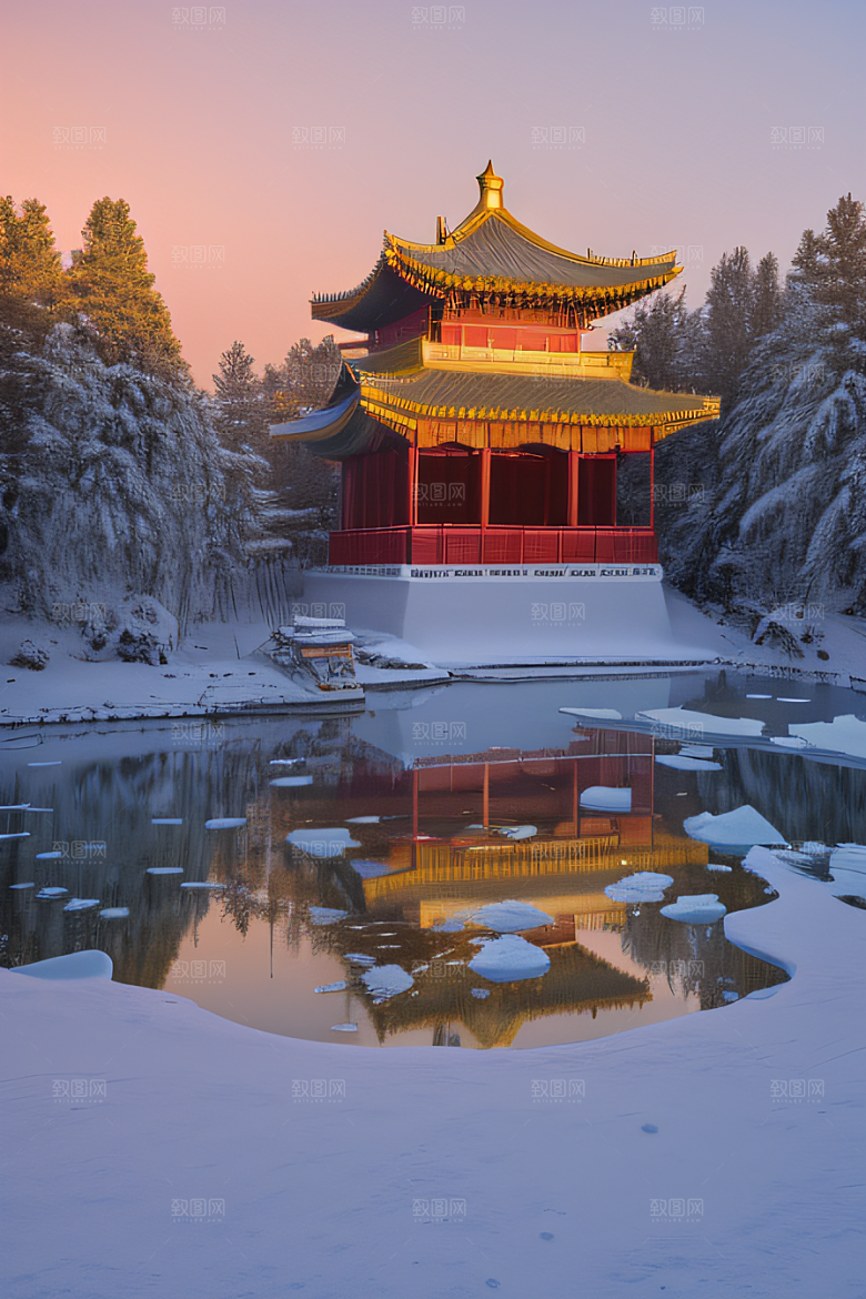 冰湖金光雪白如练