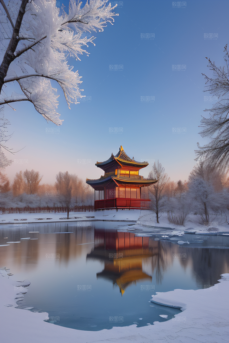 冰湖金光雪白如练