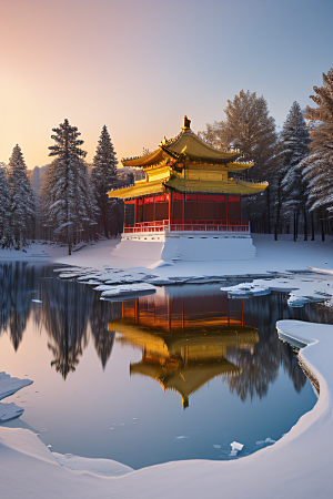 冰湖金光雪白如练