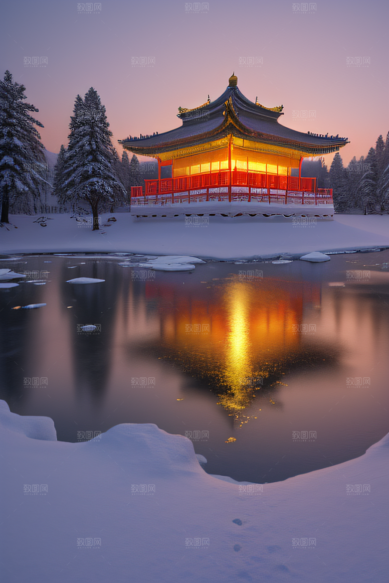 冰湖金光雪白如练