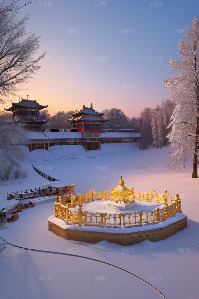 冰湖金光雪白如练