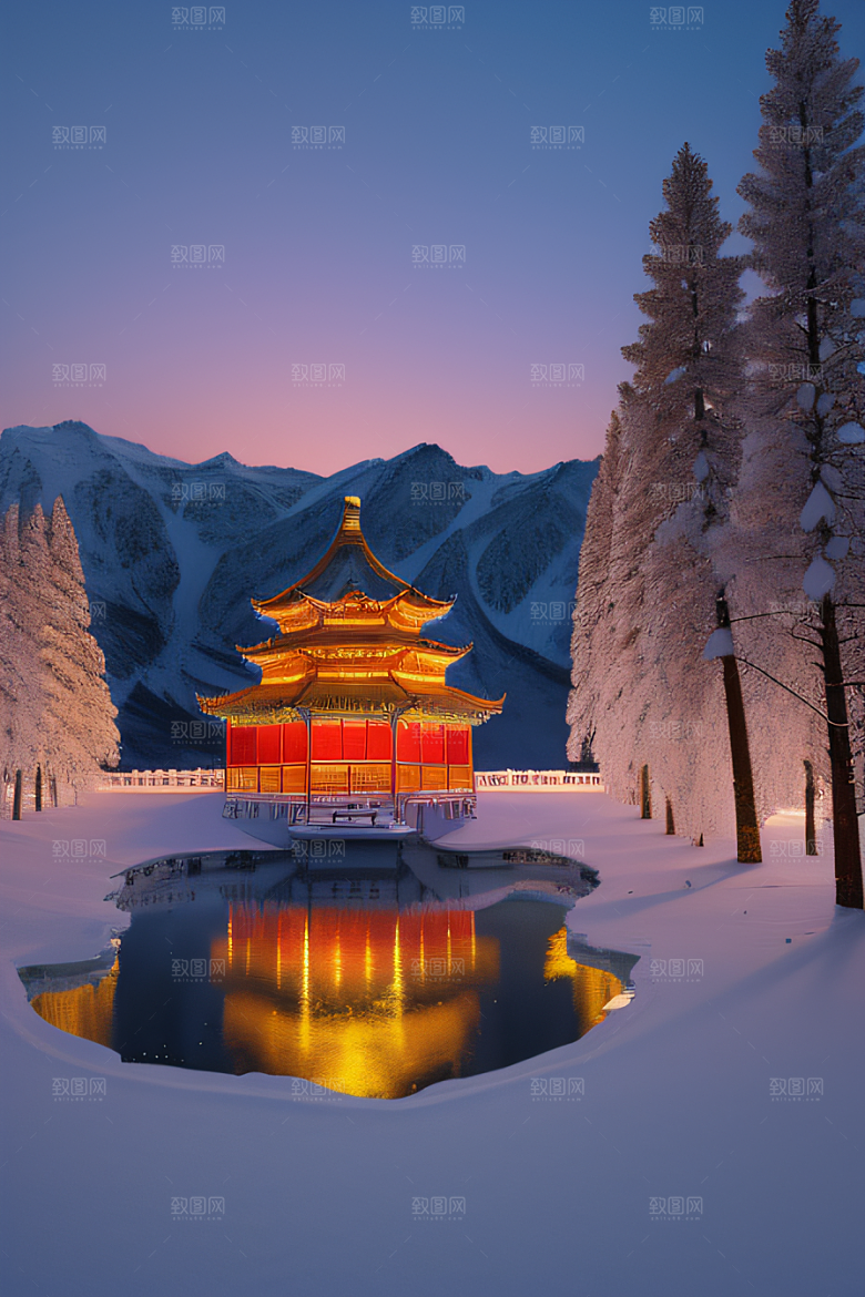 冰湖金光雪白如练