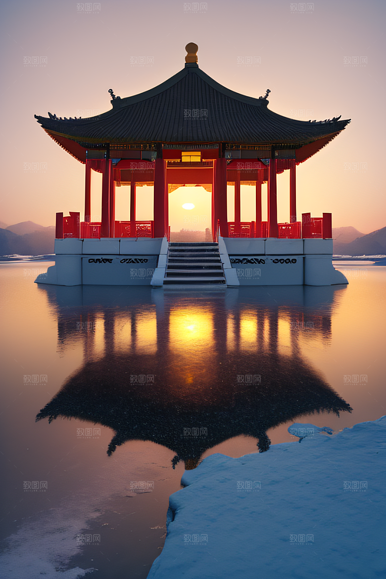 冰湖金光雪白如练