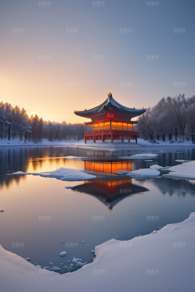 冰湖金光雪白如练