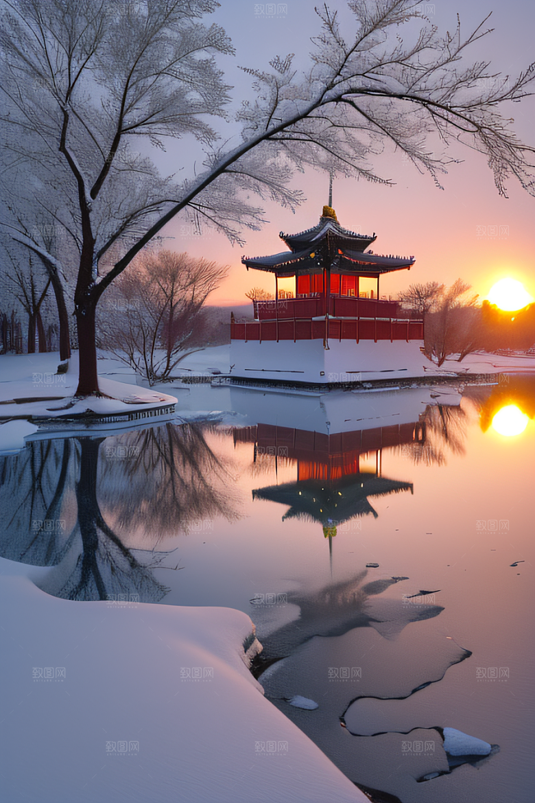 冰湖金光雪白如练