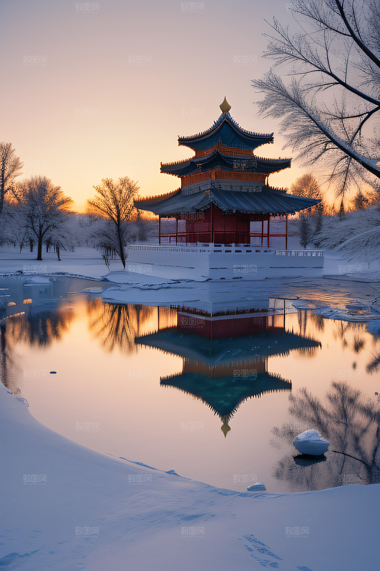 冰湖金光雪白如练