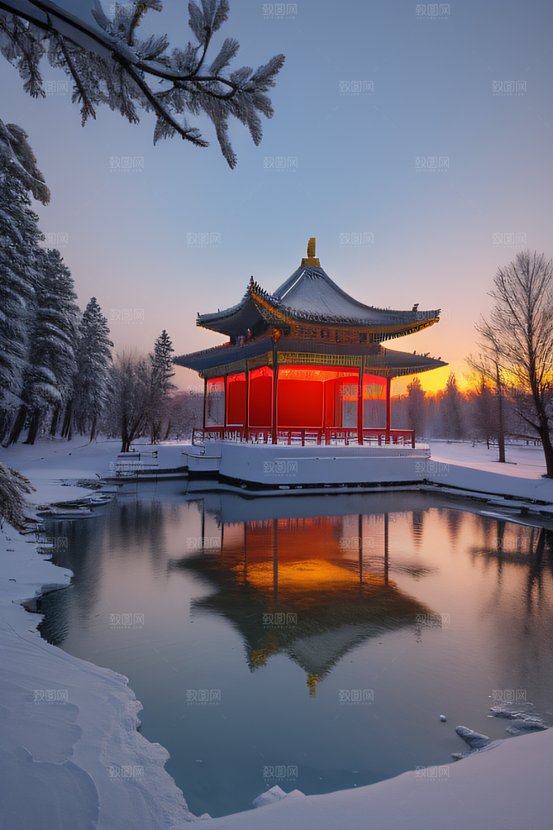 冰湖金光雪白如练